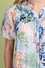 Women's Plus Size Floral Short Puff Sleeve Button Down Blouse