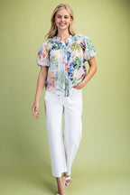 Women's Plus Size Floral Short Puff Sleeve Button Down Blouse