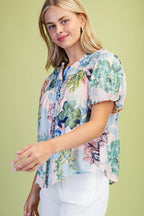 Women's Plus Size Floral Short Puff Sleeve Button Down Blouse