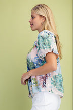 Women's Plus Size Floral Short Puff Sleeve Button Down Blouse