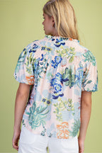 Women's Plus Size Floral Short Puff Sleeve Button Down Blouse