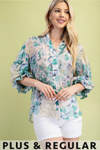 Floral Printed Top with Balloon Sleeves (Plus Size)