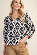 Bold Print V-Neck Blouse with Voluminous Sleeves