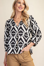 Bold Print V-Neck Blouse with Voluminous Sleeves