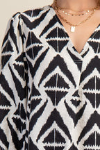 Bold Print V-Neck Blouse with Voluminous Sleeves