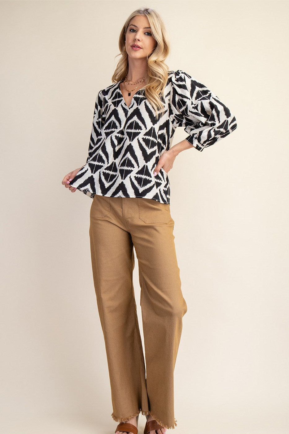 Bold Print V-Neck Blouse with Voluminous Sleeves