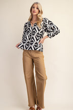 Bold Print V-Neck Blouse with Voluminous Sleeves