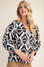 Bold Print V-Neck Blouse with Voluminous Sleeves