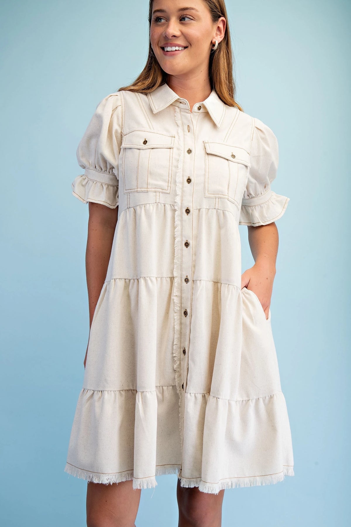 Linen Button Up Puff Sleeve Dress