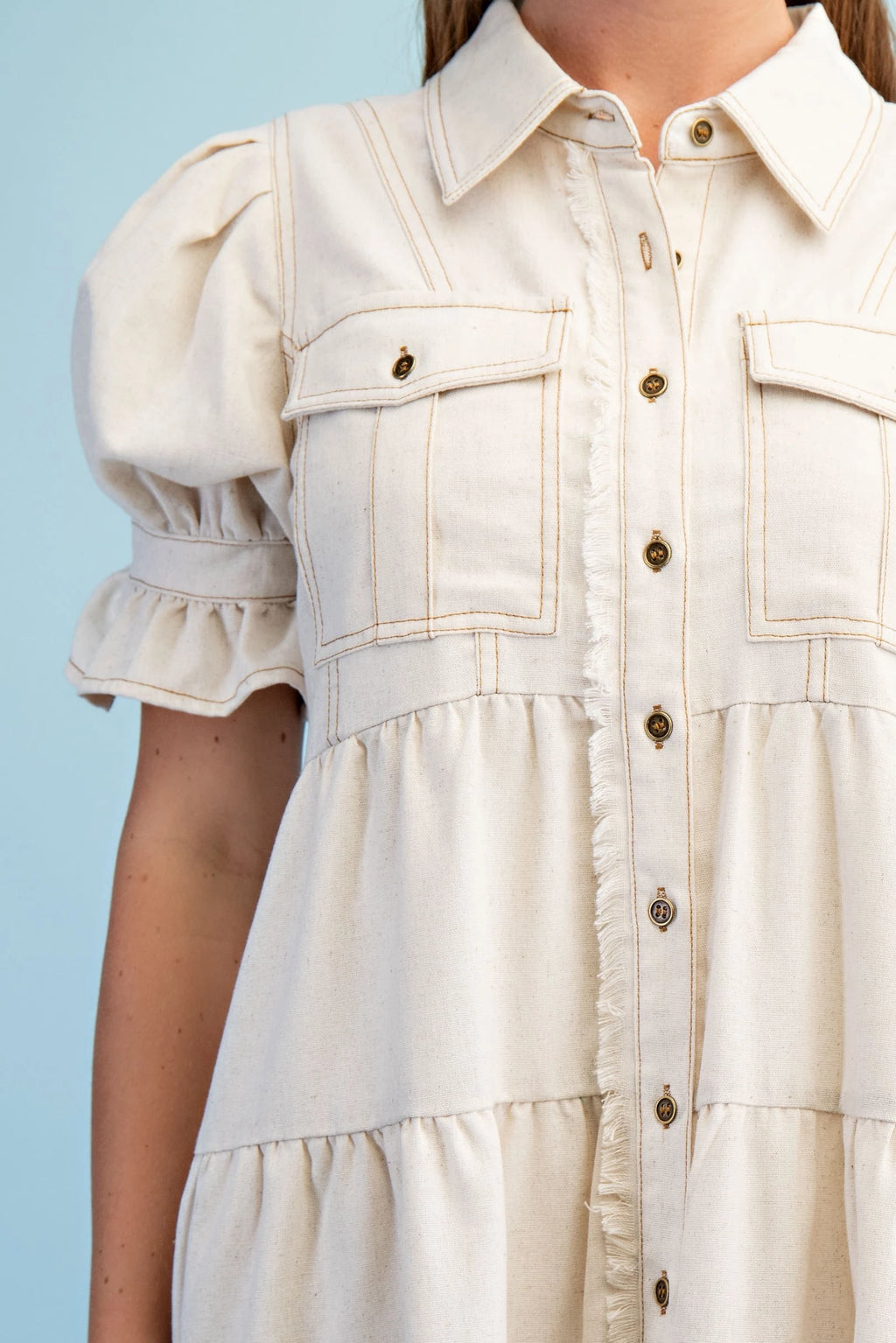 Linen Button Up Puff Sleeve Dress