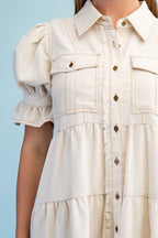 Linen Button Up Puff Sleeve Dress