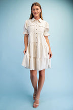Linen Button Up Puff Sleeve Dress