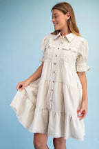Linen Button Up Puff Sleeve Dress