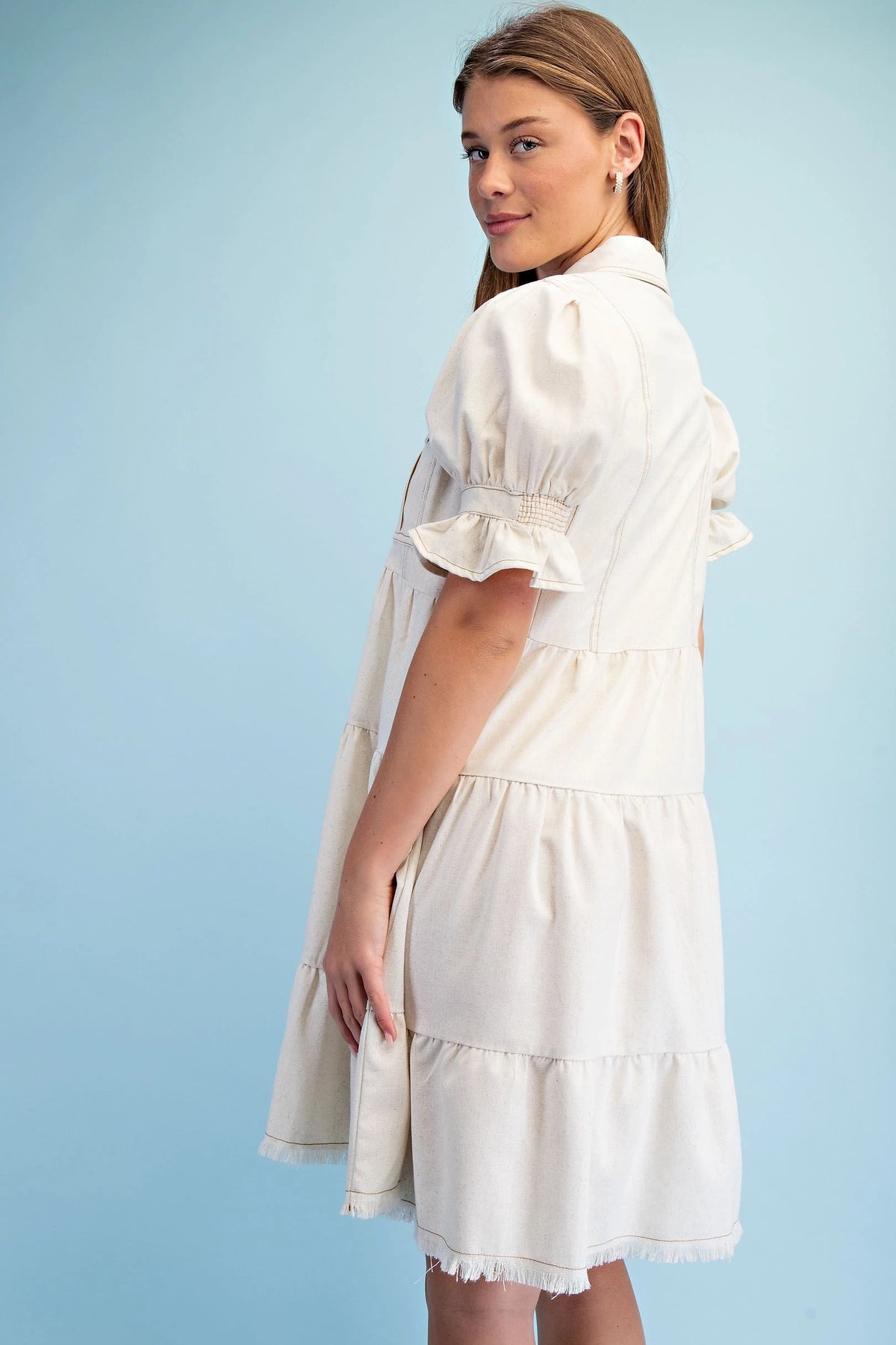 Linen Button Up Puff Sleeve Dress