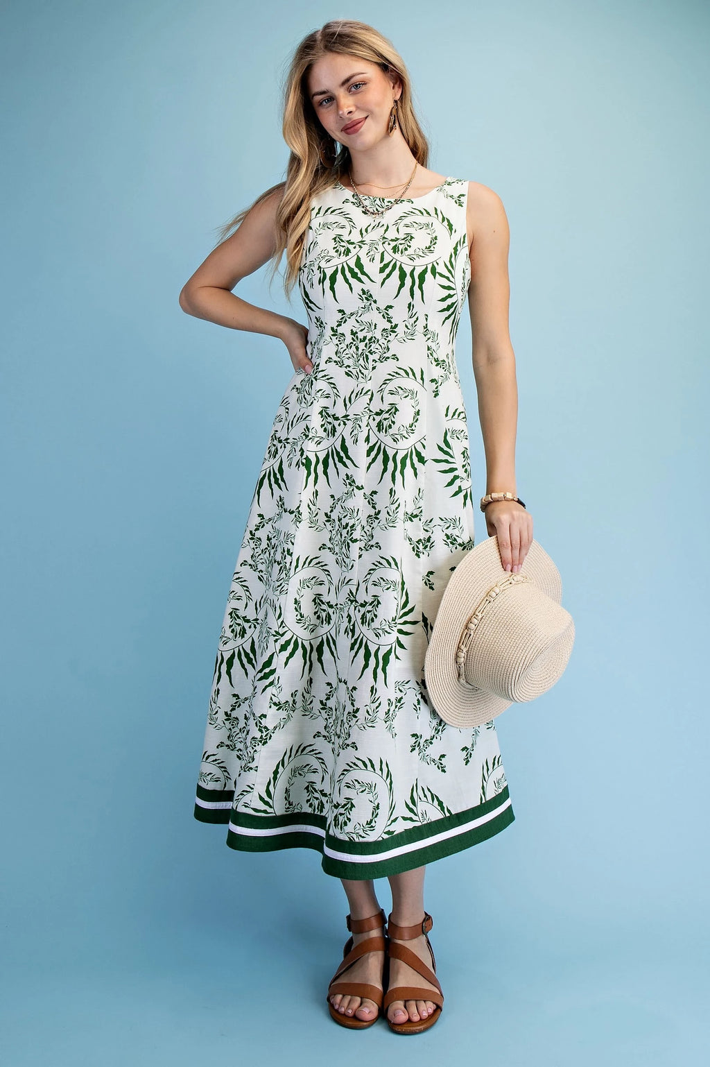 Printed Sleeveless Fit and Flare Midi Dress