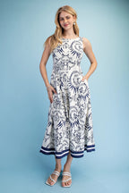 Printed Sleeveless Fit and Flare Midi Dress