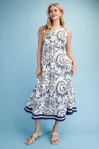 Printed Sleeveless Fit and Flare Midi Dress