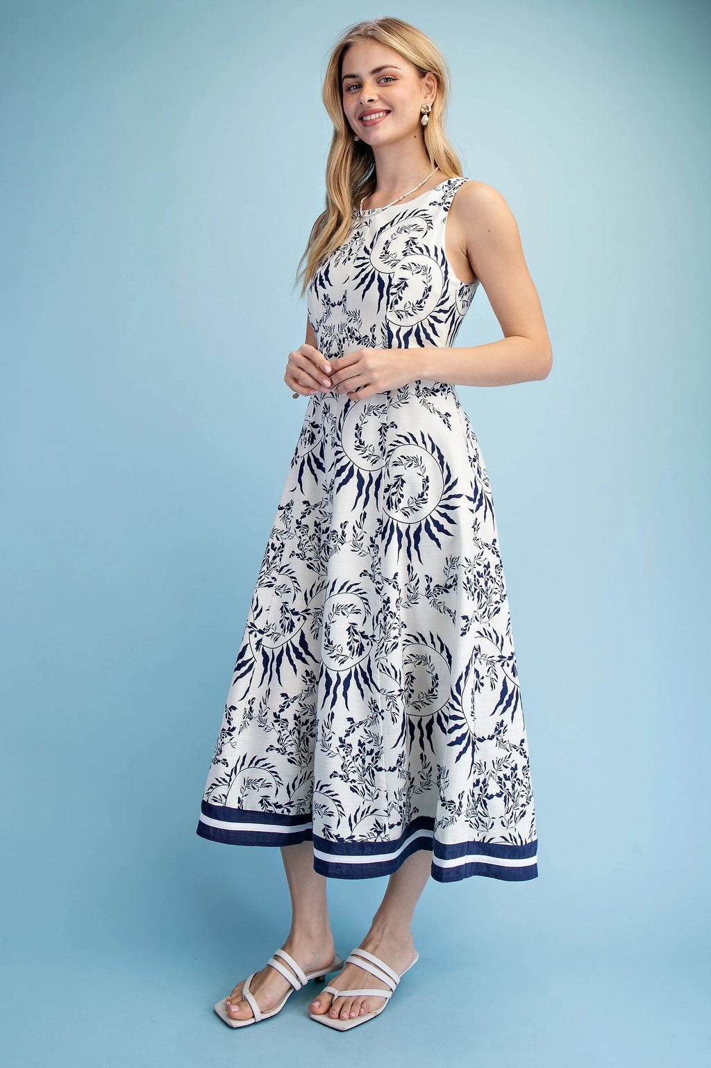 Printed Sleeveless Fit and Flare Midi Dress