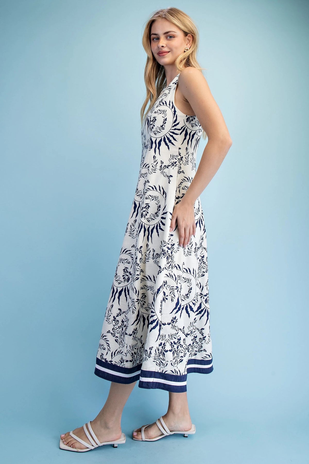 Printed Sleeveless Fit and Flare Midi Dress