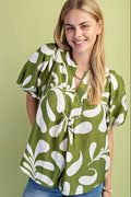 Printed Top with Short Balloon Sleeves (Plus Size)