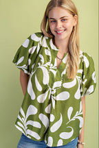 Printed Top with Short Balloon Sleeves (Plus Size)