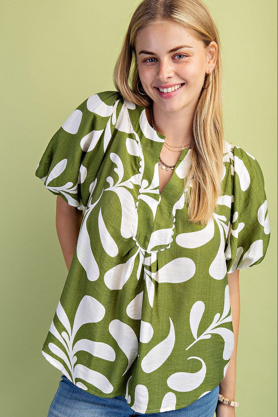 Printed Top with Short Balloon Sleeves (Plus Size)