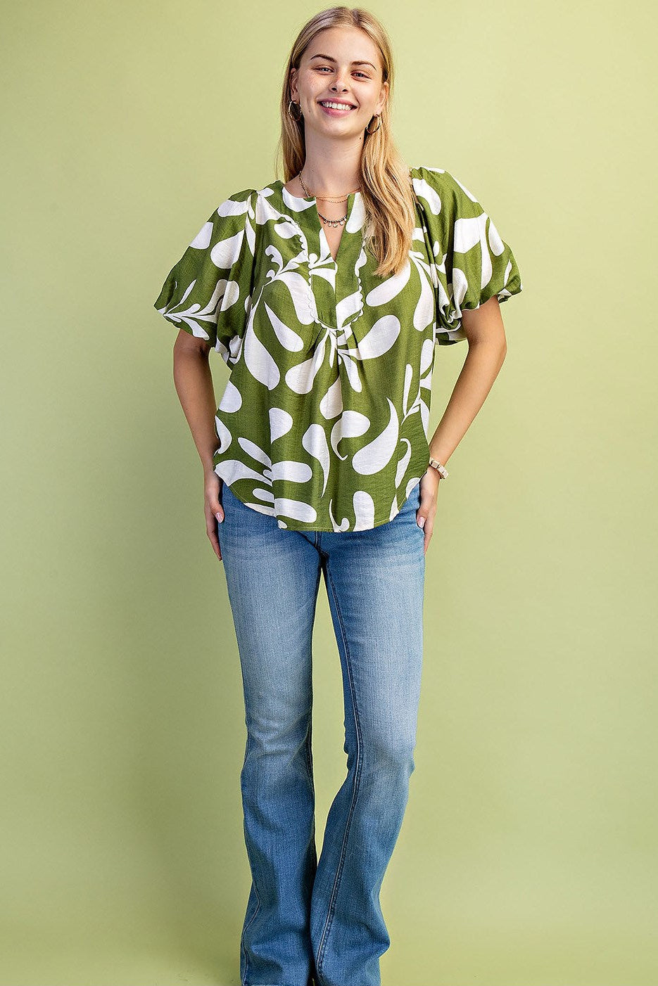Printed Top with Short Balloon Sleeves (Plus Size)