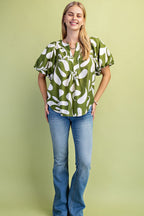 Printed Top with Short Balloon Sleeves (Plus Size)