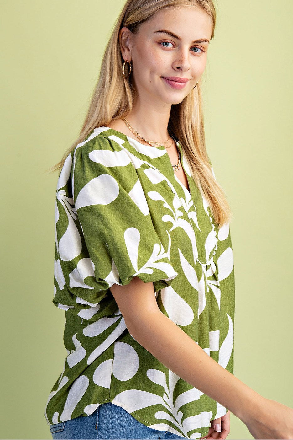 Printed Top with Short Balloon Sleeves (Plus Size)
