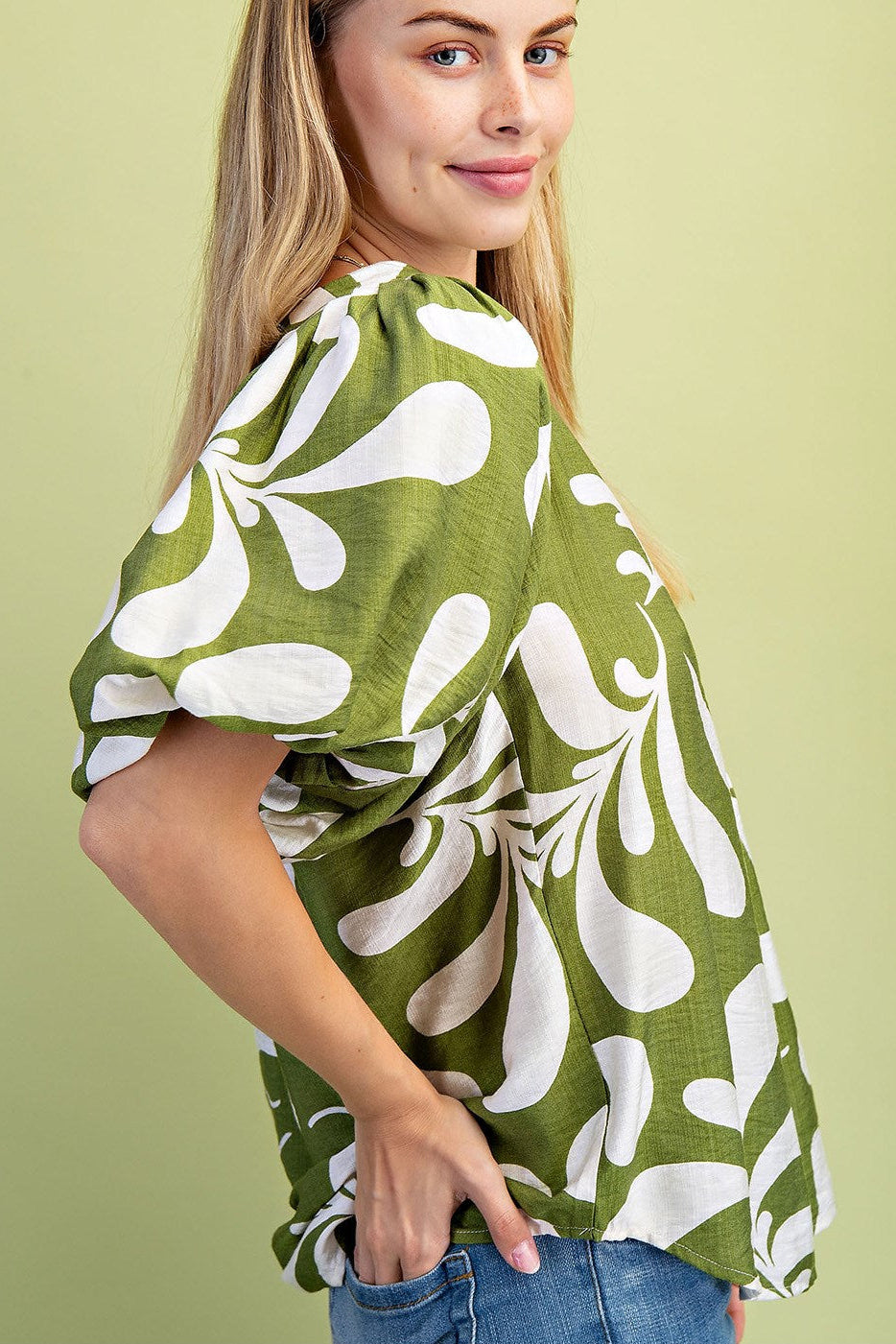 Printed Top with Short Balloon Sleeves (Plus Size)