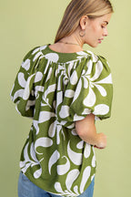 Printed Top with Short Balloon Sleeves (Plus Size)
