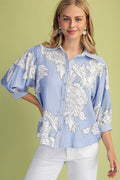 Floral Print Button Down with Striped Accents