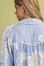 Floral Print Button Down with Striped Accents
