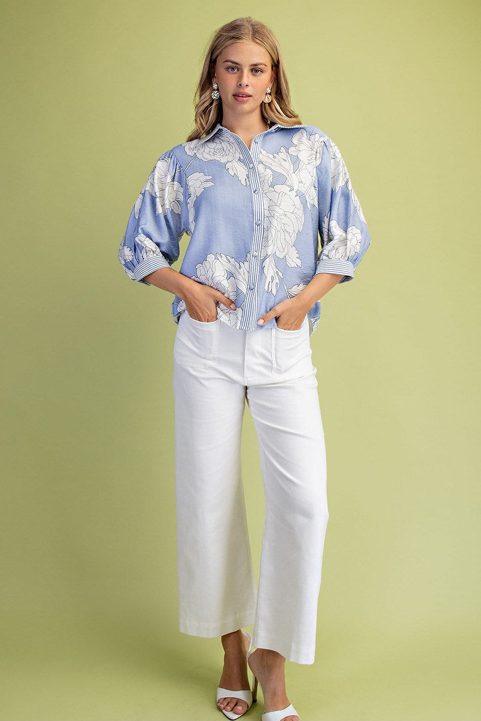 Floral Print Button Down with Striped Accents
