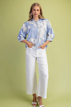 Floral Print Button Down with Striped Accents