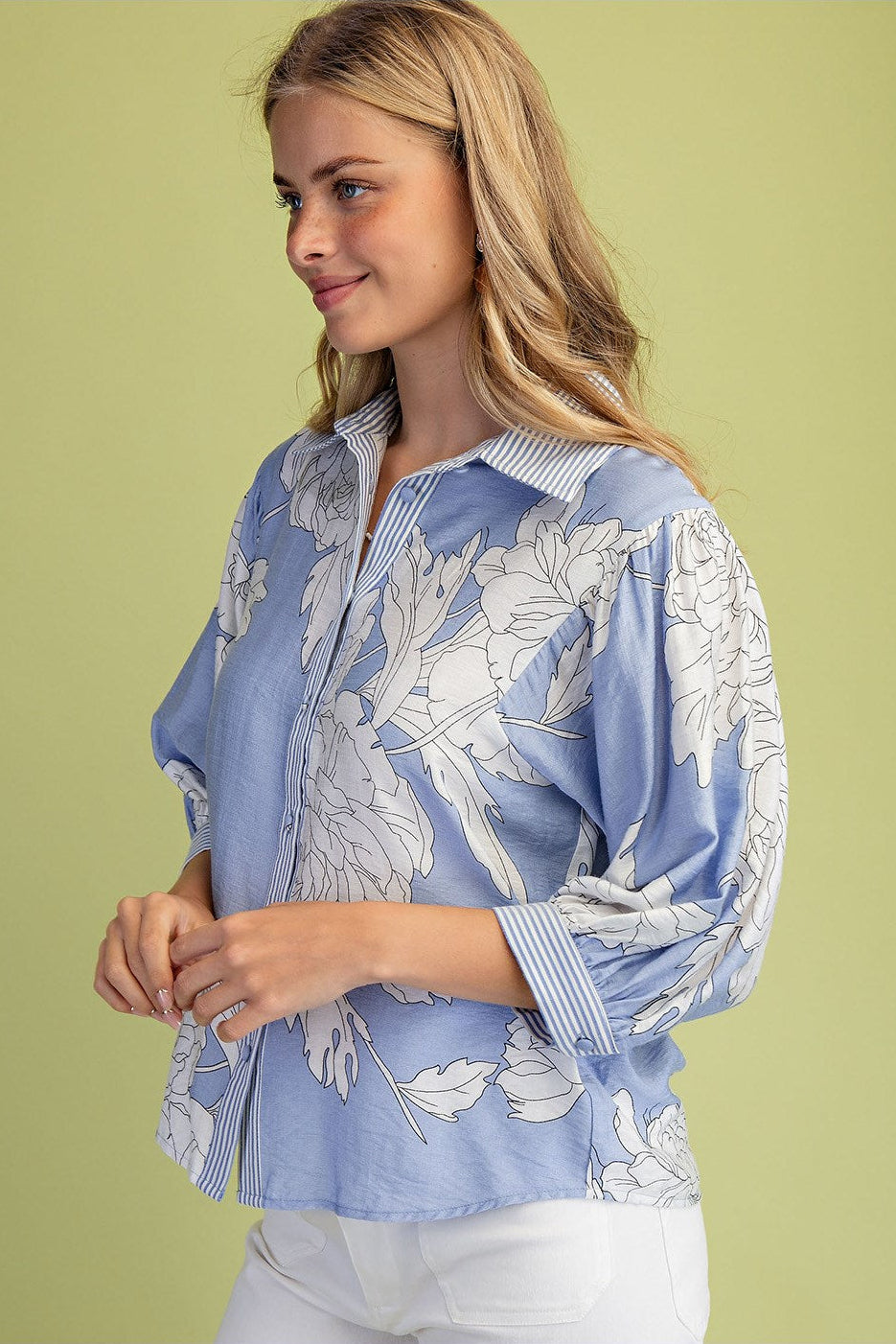 Floral Print Button Down with Striped Accents