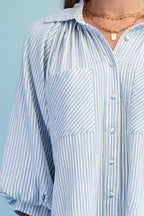 Striped Balloon Sleeve Button Down Blouse (Plus Size)