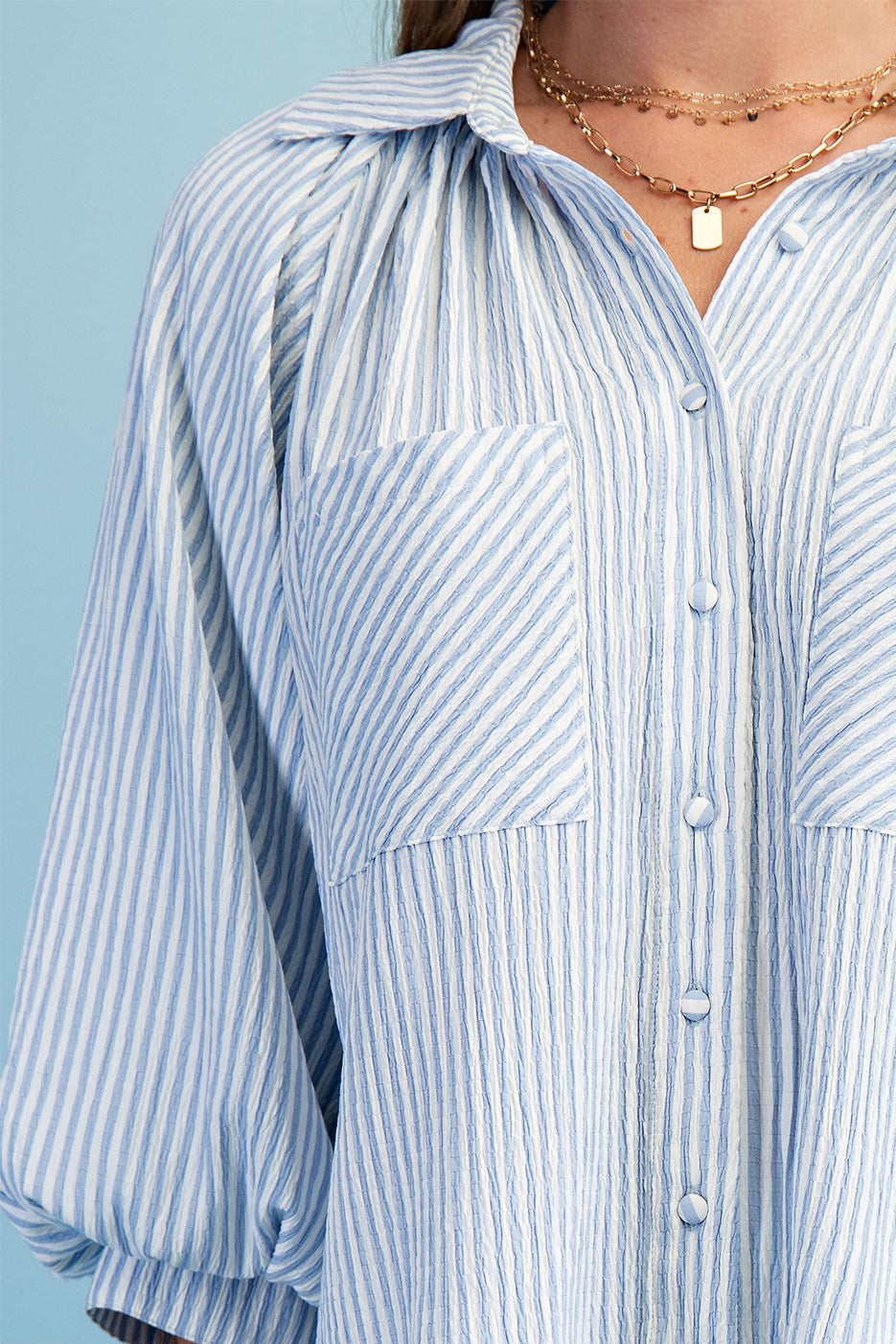Striped Balloon Sleeve Button Down Blouse (Plus Size)