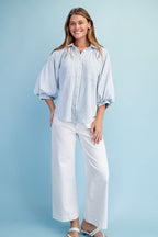Striped Balloon Sleeve Button Down Blouse (Plus Size)