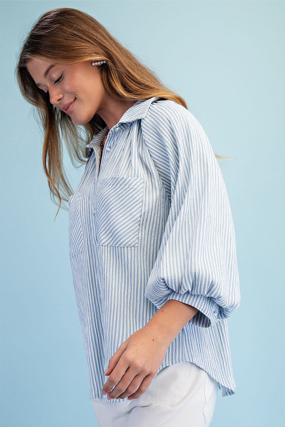Striped Balloon Sleeve Button Down Blouse (Plus Size)