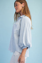 Striped Balloon Sleeve Button Down Blouse (Plus Size)