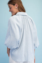 Striped Balloon Sleeve Button Down Blouse (Plus Size)