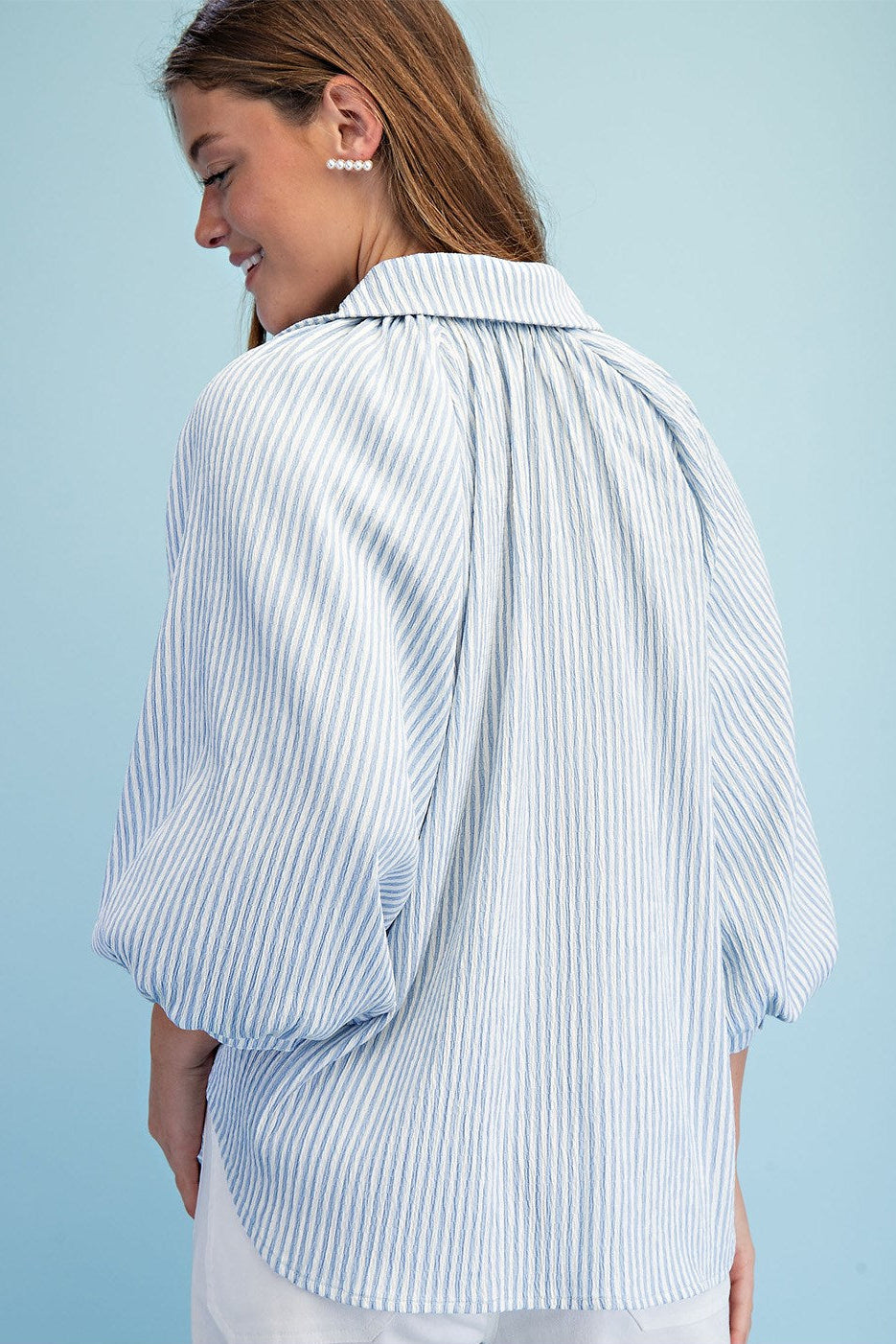 Striped Balloon Sleeve Button Down Blouse (Plus Size)