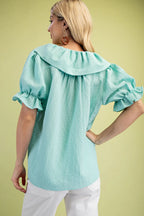 Button Up Women's Blouse with a Frilled Collar and Sleeves
