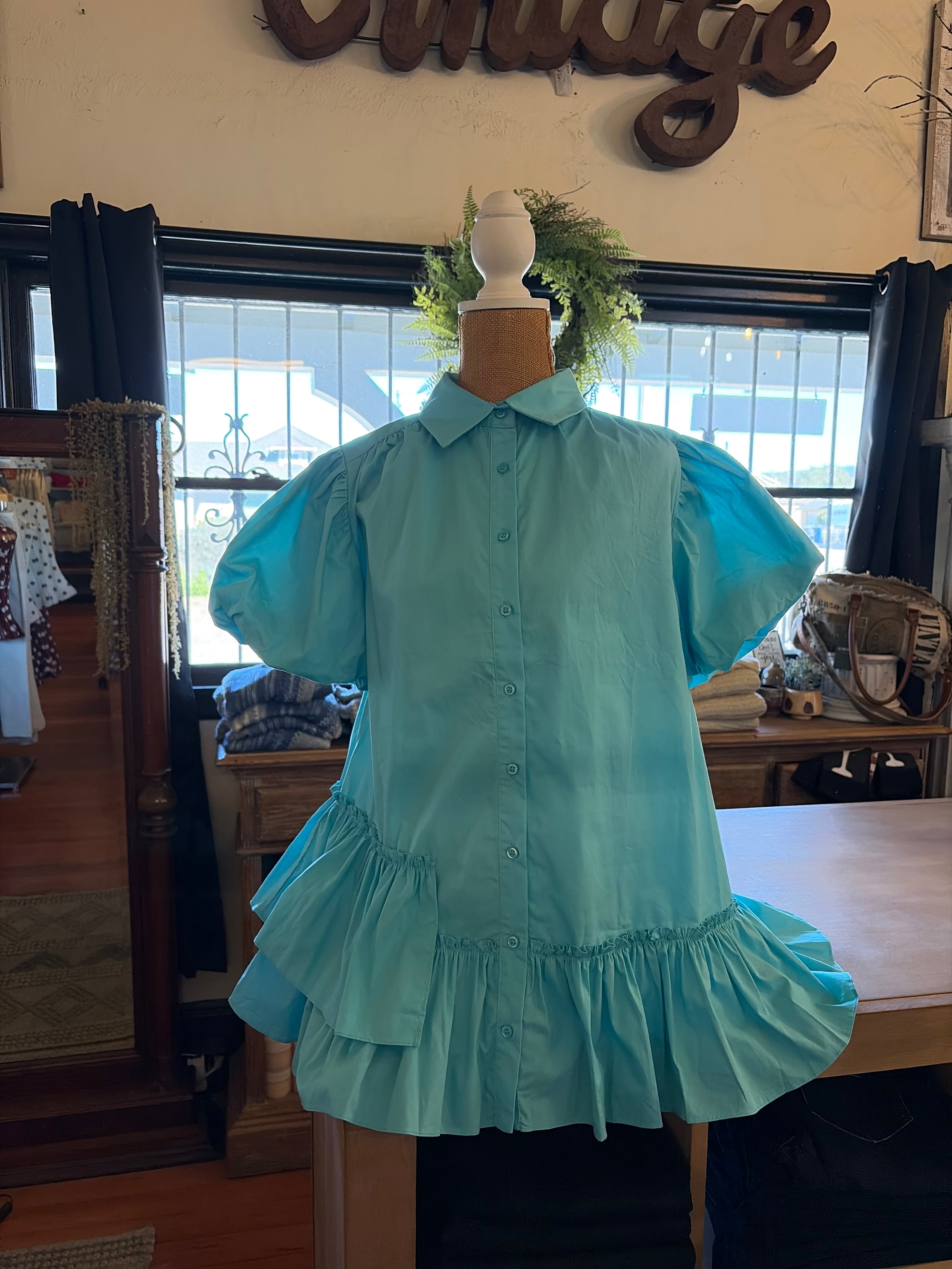 Solid Poplin Bubble Sleeve Unbalance Ruffle Detail Shirts with Button Down