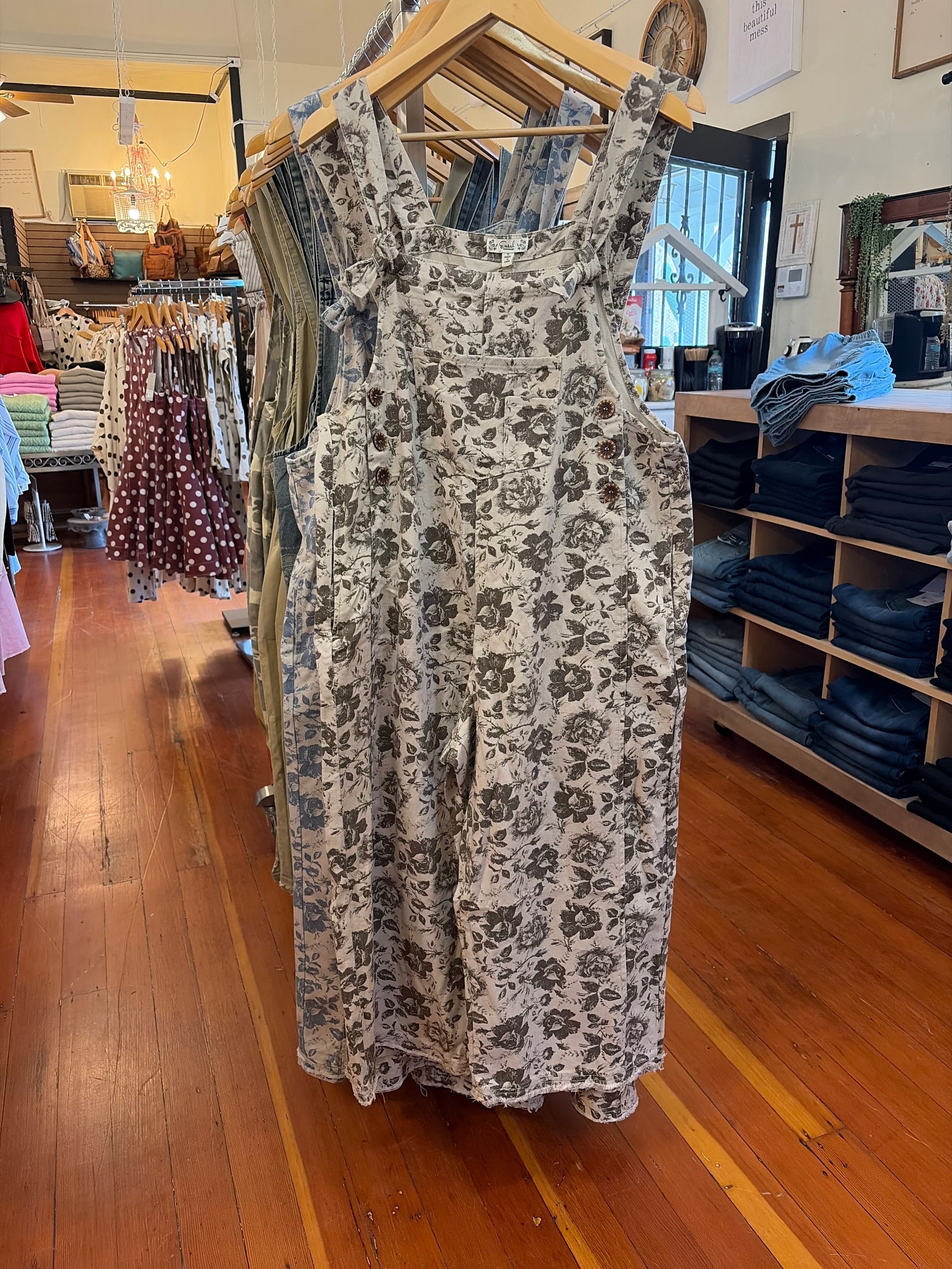 Floral Printed Enzyme Washed Overall Pants