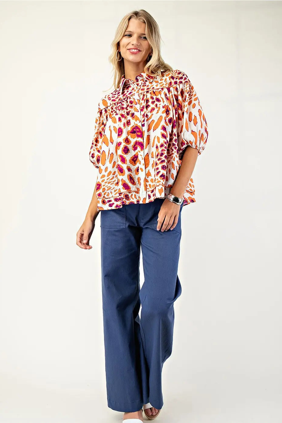 Leopard Print Button-Down Blouse (Plus Size)