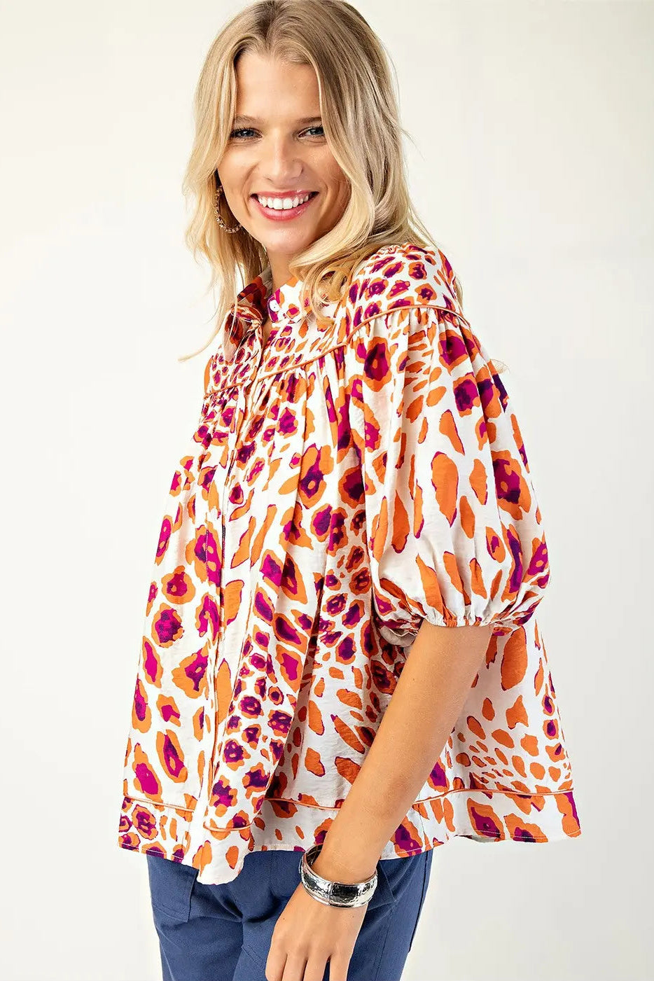 Leopard Print Button-Down Blouse (Plus Size)