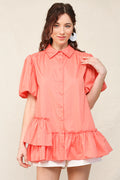 Solid Poplin Bubble Sleeve Unbalance Ruffle Detail Shirts with Button Down