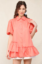 Solid Poplin Bubble Sleeve Unbalance Ruffle Detail Shirts with Button Down